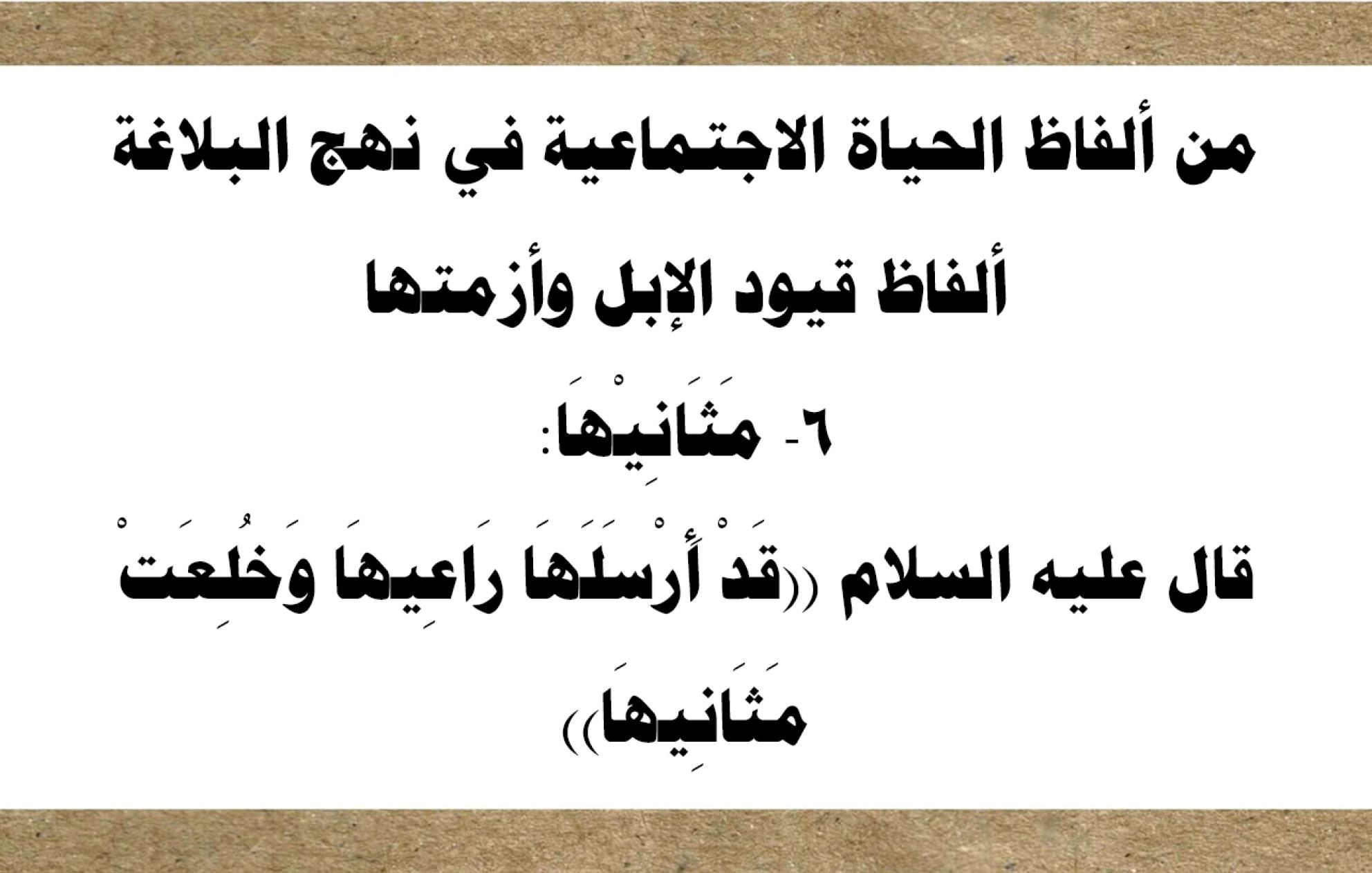 من ألفاظ الحياة الاجتماعية في نهج البلاغة الفاظ قيود الإبل وأزمتها 6- مَثَانِيْهَا: قال عليه السلام ((قَدْ أَرْسَلَهَا رَاعِيهَا وَخُلِعَتْ مَثَانِيهَا))