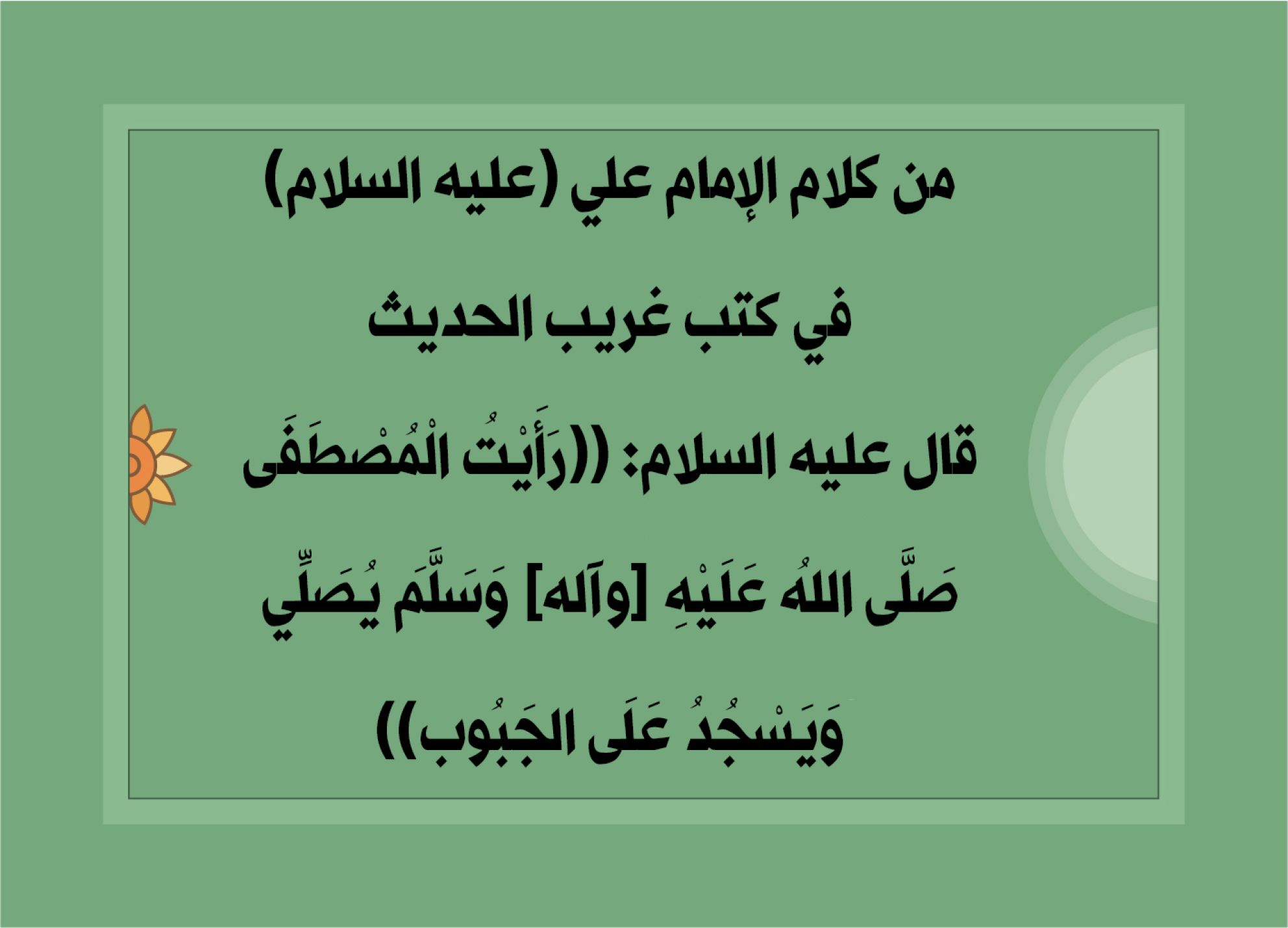 من كلام الإمام علي (عليه السلام) في كتب غريب الحديث قال عليه السلام: ((رَأَيْتُ الْمُصْطَفَى صَلَّى اللهُ عَلَيْهِ [وآله] وَسَلَّمَ يُصَلِّي وَيَسْجُدُ عَلَى الجَبُوب))